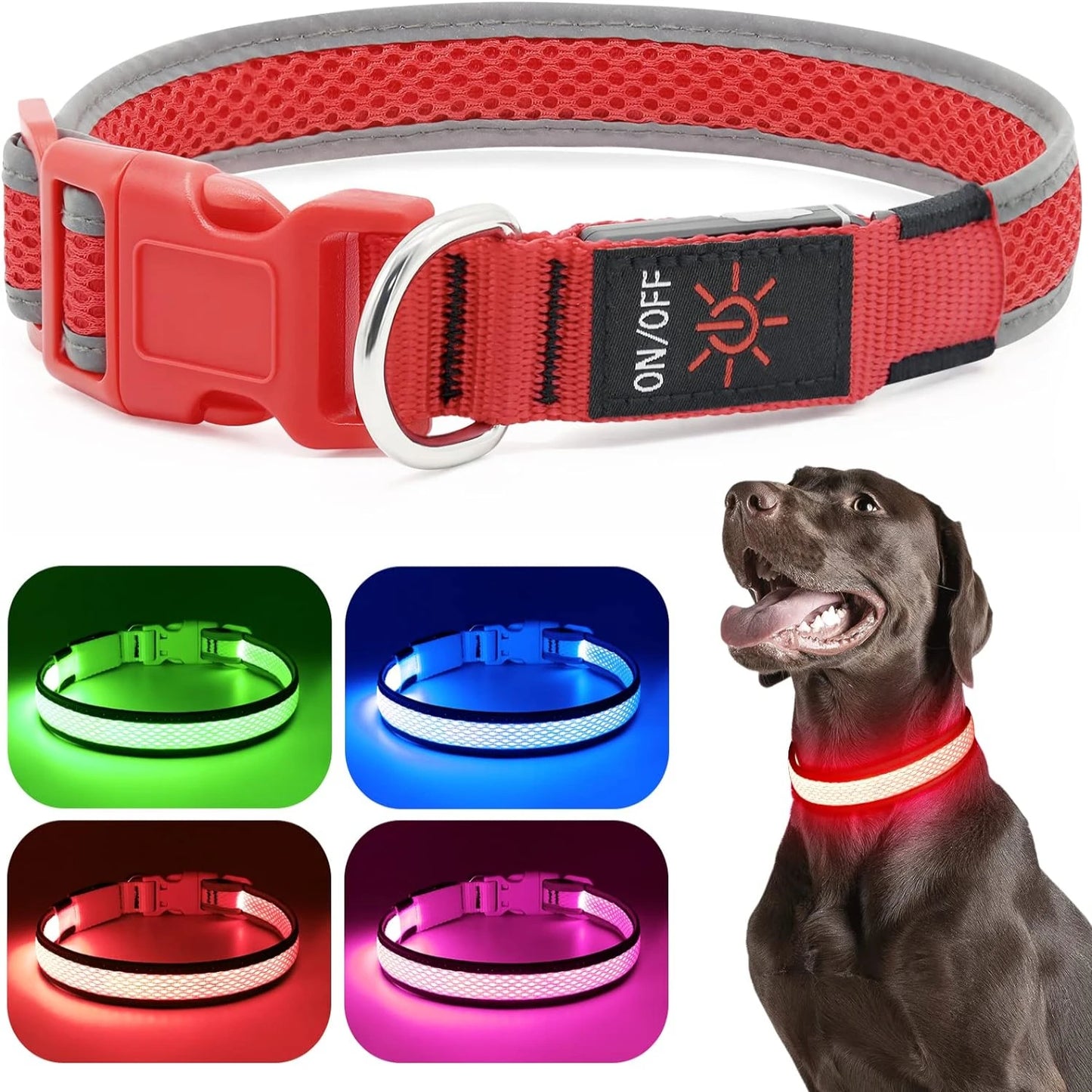 Comfortable Neon Green LED Dog Collar Lights USB Rechargeable Adjustable Soft Mesh for Small Medium Large Dogs