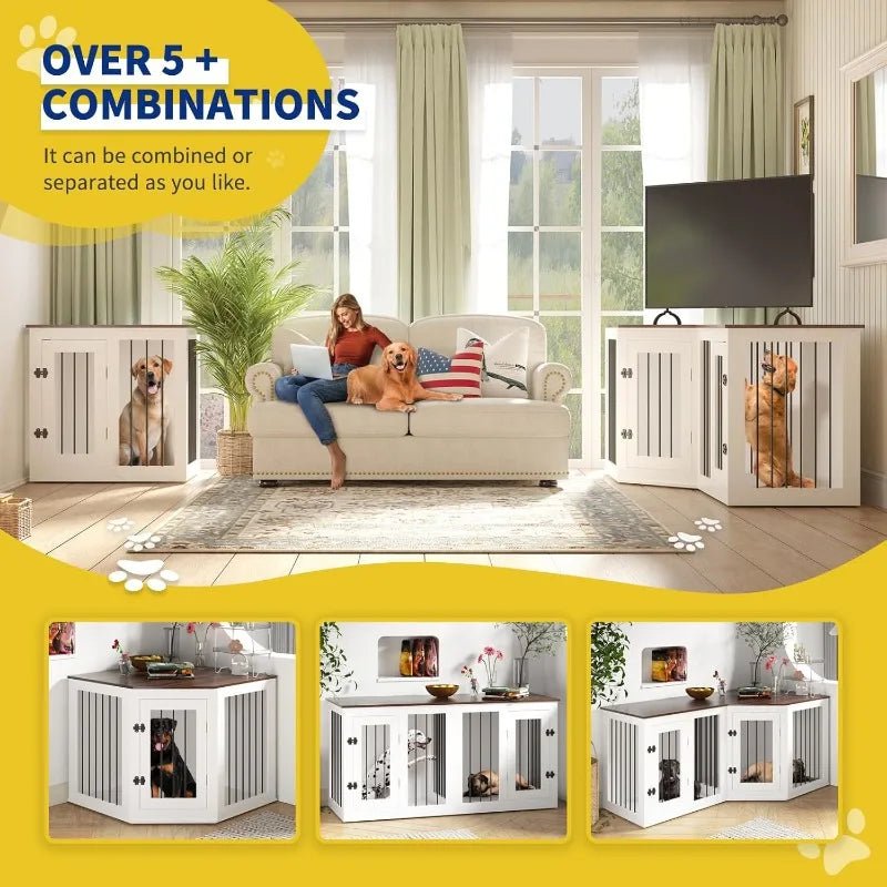 Large Dog Crate Furniture for 3 Dogs 113'' Corner Dog Crate Wooden Indoor in 1 Dog Crate for Small Medium Large Dogs