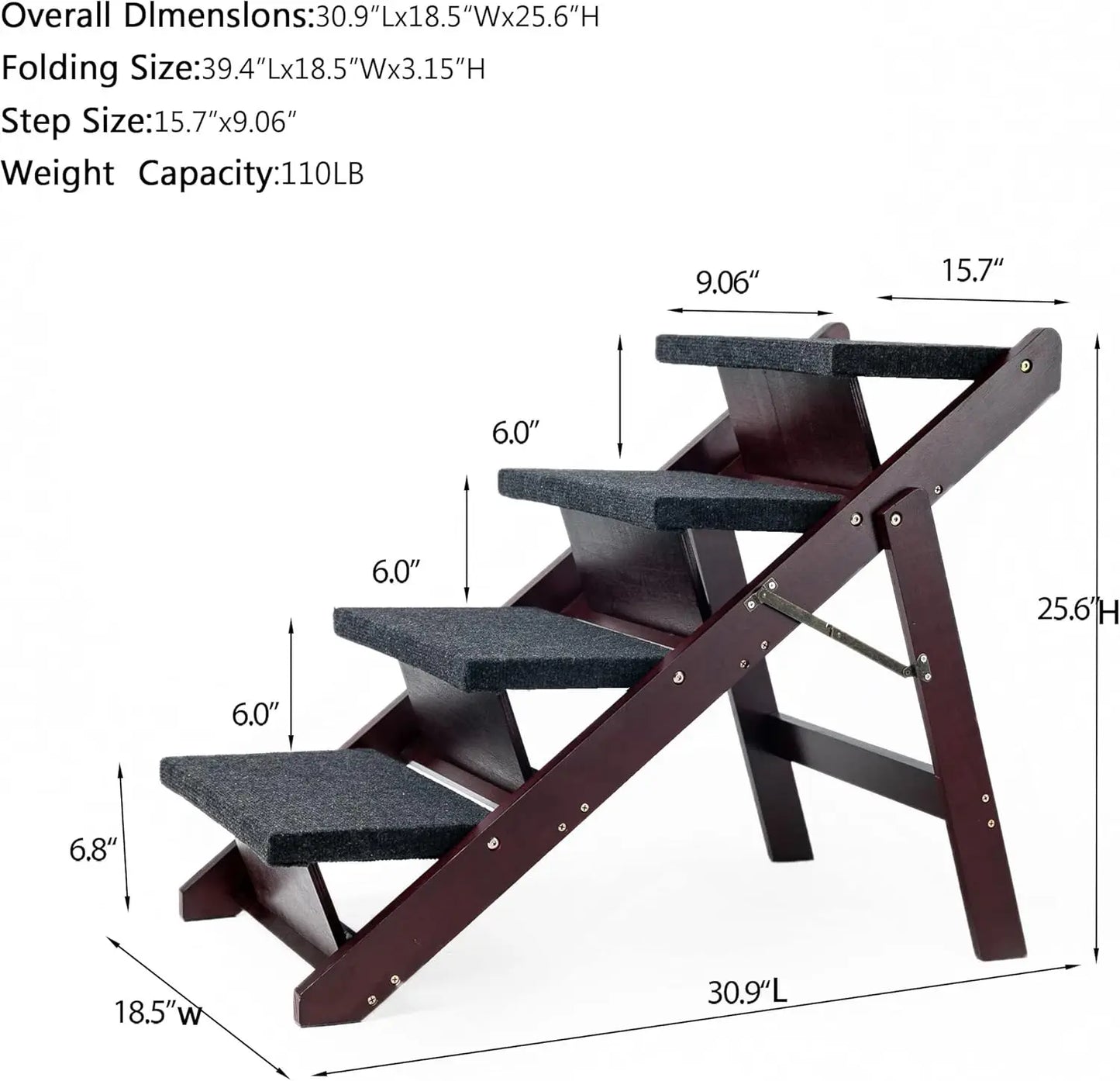 Wooden Pet Stairs/Pet Steps - 2-in-1 Foldable Stairs & Ramp for Beds and Cars - Portable Dog/Cat Ladder Up to 110 Pounds
