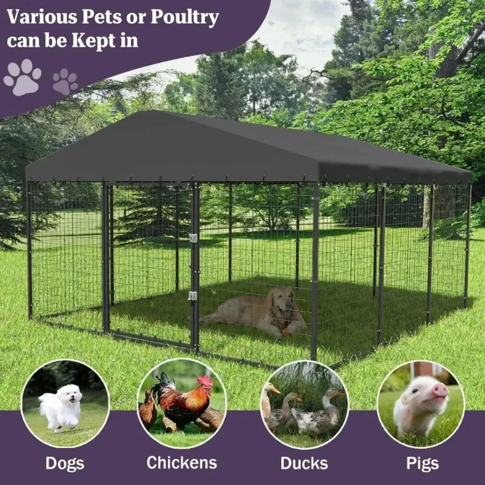 Large Dog Kennel Outdoor with Waterproof Roof Cover Heavy Duty Dog Cage Enclosures with Upgraded Metal Mesh and Secure Door Locks