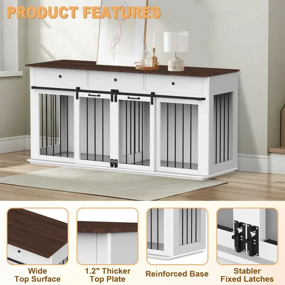 72 Inch Double Dog Crate Furniture Heavy Duty Wood Dog Cage Table with Storage Drawers and Removable Divider