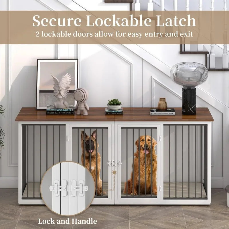 Large Dog Crate Furniture for Two Dogs 71.6 Inch Steel Frame Dog Crate with Double Doors Indoor Double Dog Cage White