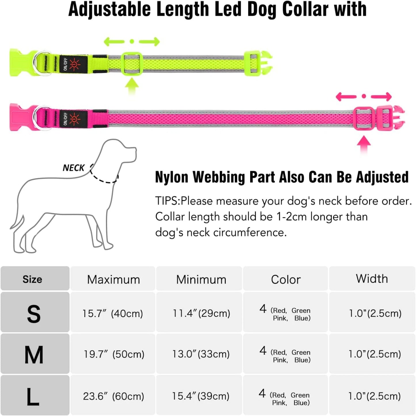 Comfortable Neon Green LED Dog Collar Lights USB Rechargeable Adjustable Soft Mesh for Small Medium Large Dogs