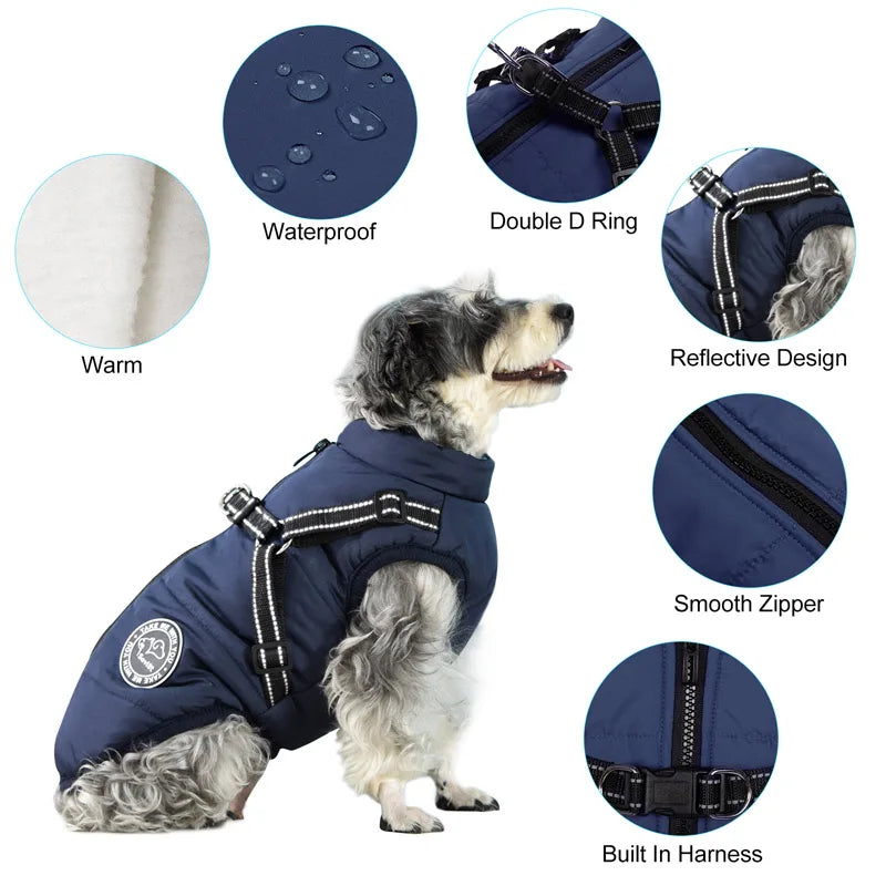 Winter Warm Waterproof Dog Jacket Pet Coat Fleece Harness Vest for Small and Large Dogs