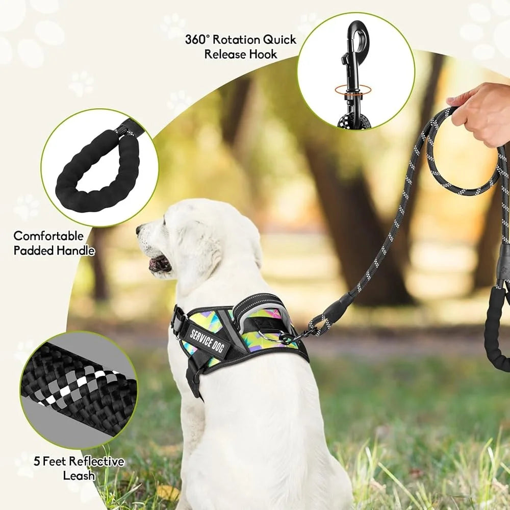Service Dog Harness Leash Set Reflective No Pull Multi Color Training Vest Durable Lightweight for Small to XL Dogs