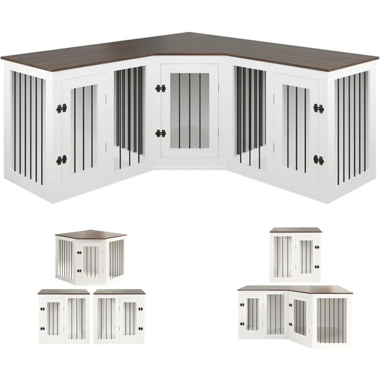 Large Dog Crate Furniture for 3 Dogs 113'' Corner Dog Crate Wooden Indoor in 1 Dog Crate for Small Medium Large Dogs