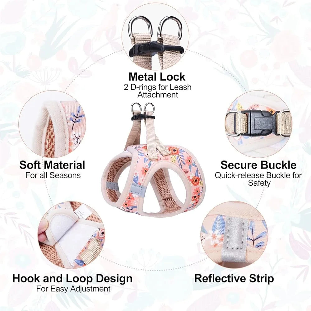 Floral Dog Harness and Leash Set No Pull No Choke Escape Proof Step In Vest Padded Handle Lightweight Durable Breathable Small