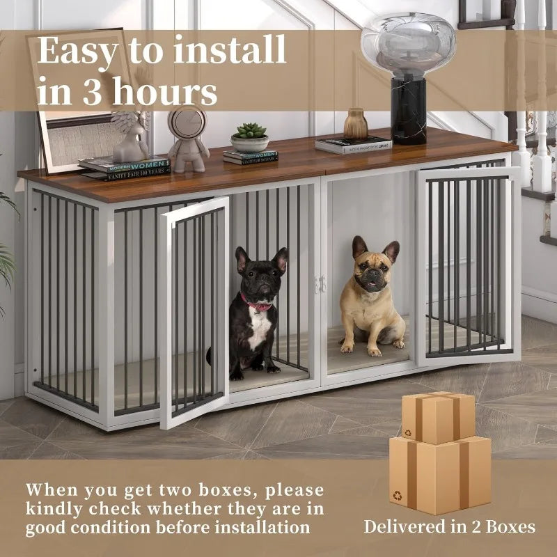 Large Dog Crate Furniture for Two Dogs 71.6 Inch Steel Frame Dog Crate with Double Doors Indoor Double Dog Cage White