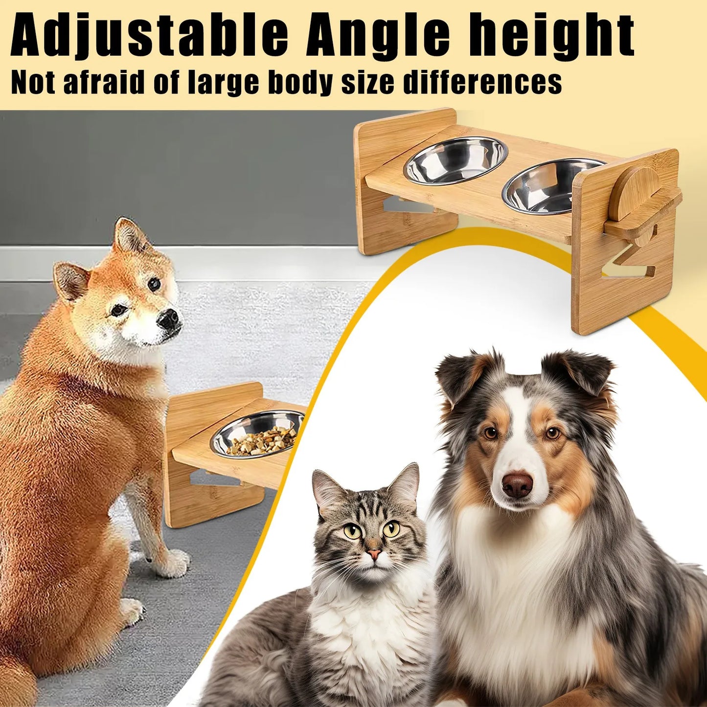 Bamboo Elevated Puppy and Cat Bowls with Adjustable Stand Raised Pet Food and Water Bowls Holder for Small and Medium Pets