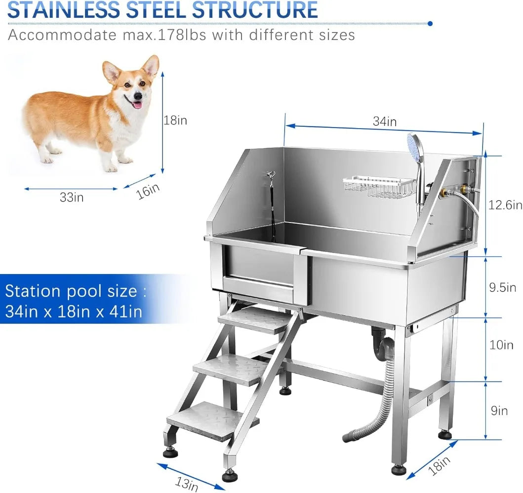 34'' Dog Bathtub for Small Dogs Dog Bathing Station Professional Dog Washing Station Pet Grooming Tub for Home with Sliding Door