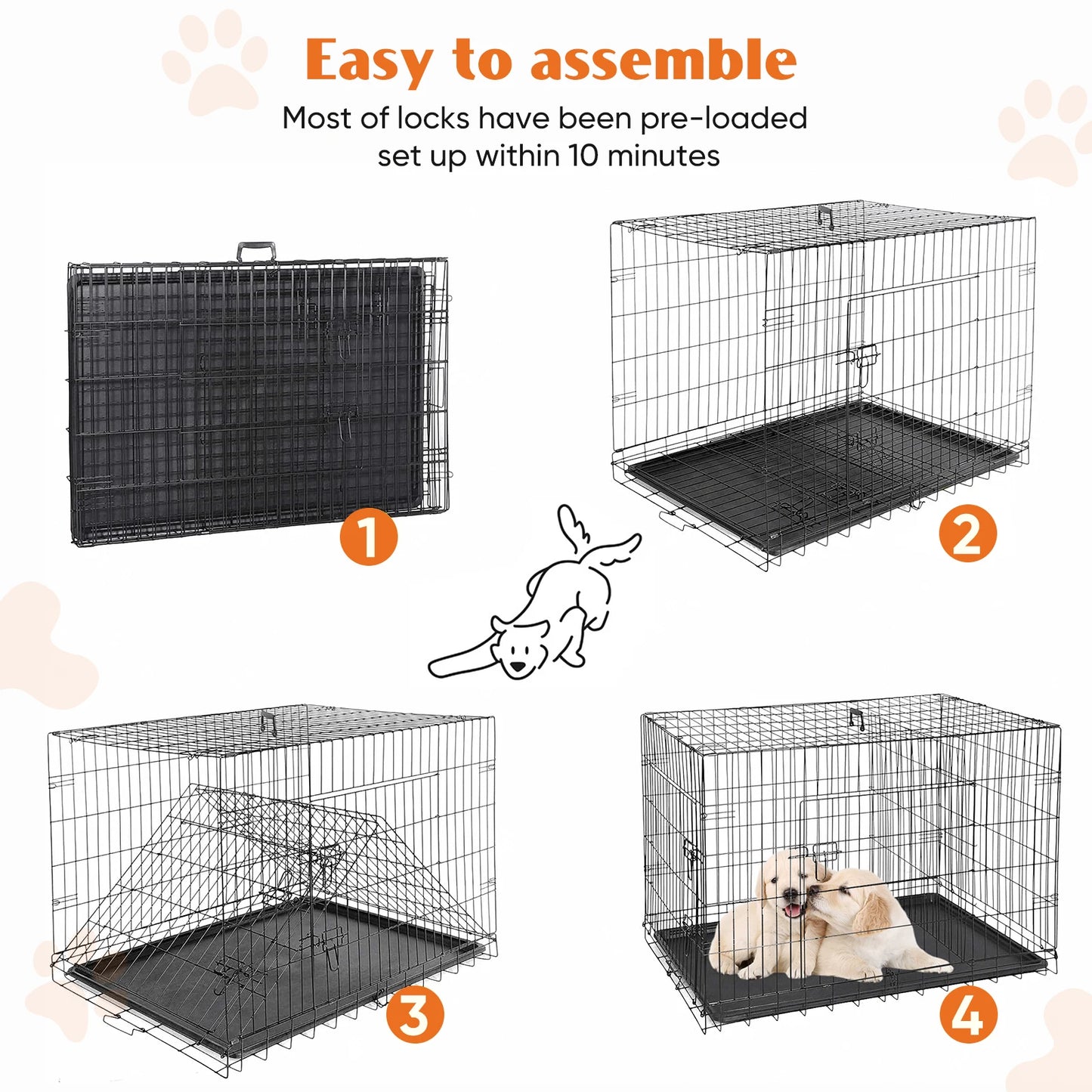 JHK Double Door Folding Metal Wire Dog Cage with Plastic Leak Proof Pan Tray Extra Large Pet Kennel for Indoor Outdoor Travel