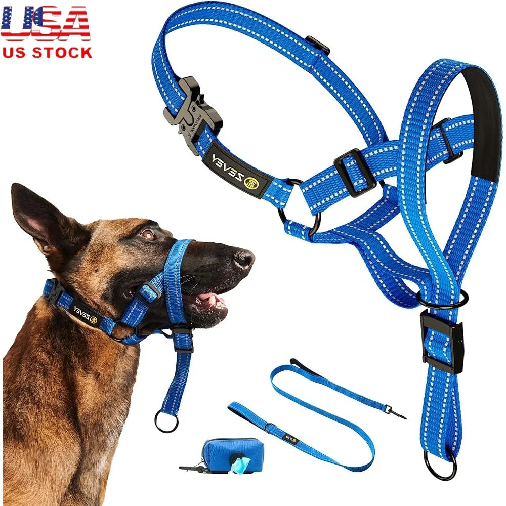 Dog Headcollar with Leash Safety Strap Adjustable Comfortable Fit Reflective Nylon Design Ideal for Dogs