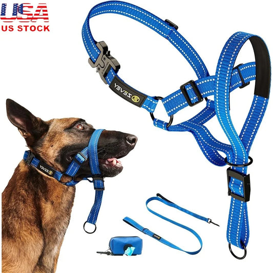 Dog Headcollar with Leash Safety Strap Adjustable Comfortable Fit Reflective Nylon Design Ideal for Dogs