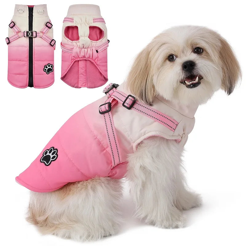 Fashion Color Dog Winter Jacket With Harness Reflective Warm Dog Snow Coat For Small And Medium Dogs Cold Weather Vest Outfit
