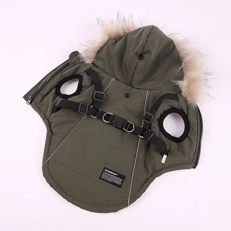 Autumn Winter Warm Pet Dog Jacket With Harness Hooded Padded Coat And Imitation Fur Hat For Small And Medium Dogs