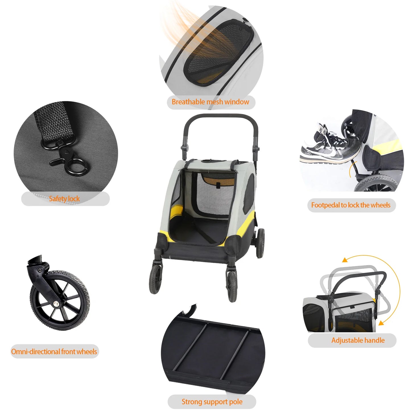 Portable Dog Stroller Pet Jogger Wagon Foldable Cart Travel Trolley Cart Outdoor with 4 Wheels, 3 Mesh Window, Adjustable Handle