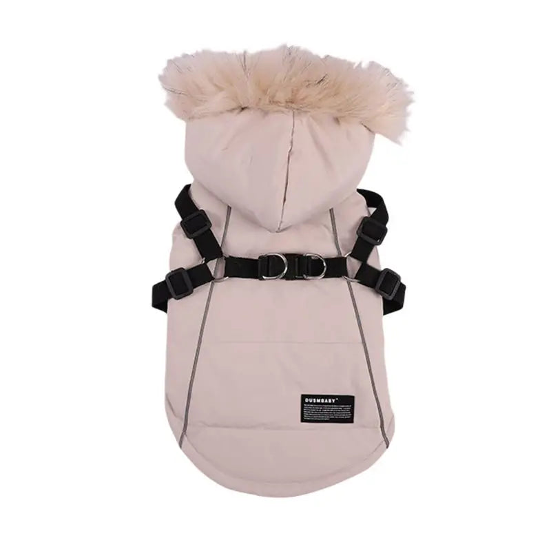 Autumn Winter Warm Pet Dog Jacket With Harness Hooded Padded Coat And Imitation Fur Hat For Small And Medium Dogs
