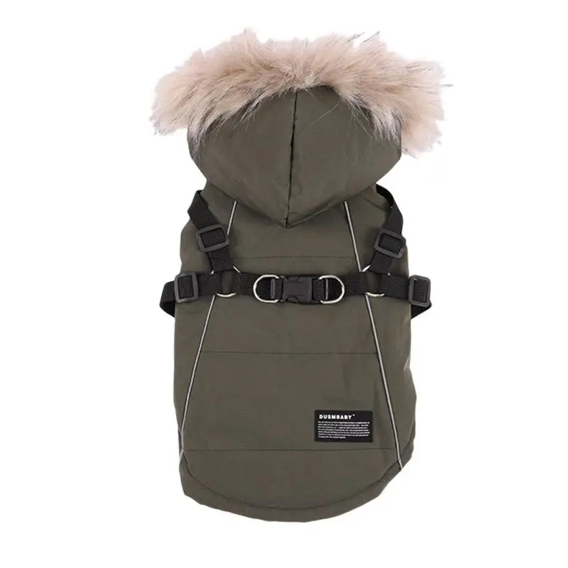 Autumn Winter Warm Pet Dog Jacket With Harness Hooded Padded Coat And Imitation Fur Hat For Small And Medium Dogs