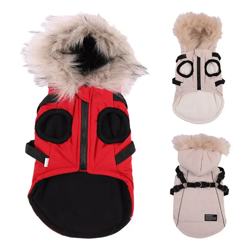 Autumn Winter Warm Pet Dog Jacket With Harness Hooded Padded Coat And Imitation Fur Hat For Small And Medium Dogs
