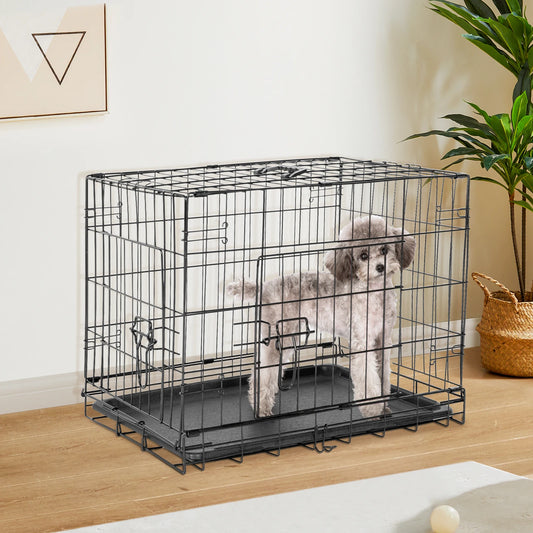 JHK Double Door Folding Metal Wire Dog Cage with Plastic Leak Proof Pan Tray Extra Large Pet Kennel for Indoor Outdoor Travel