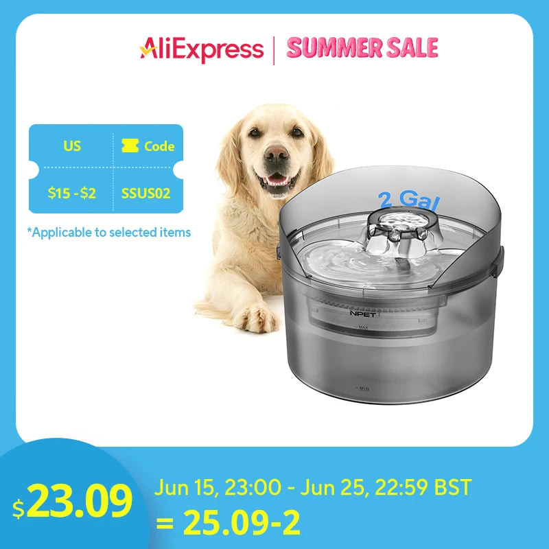 NPET Dog Water Fountain 2 Gallon Automatic Dog Water Dispenser with Splatter Guard for Large Dogs and Multiple Pets