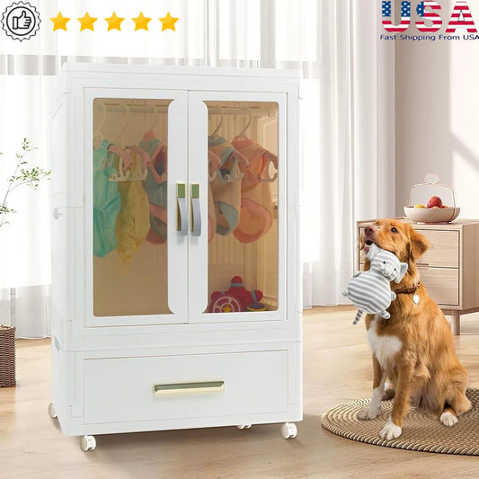 Stackable Pet Wardrobe Closet Storage Bins with Doors Wheels and Hanging Rods Multi-functional Organizer Dog Clothes Toys