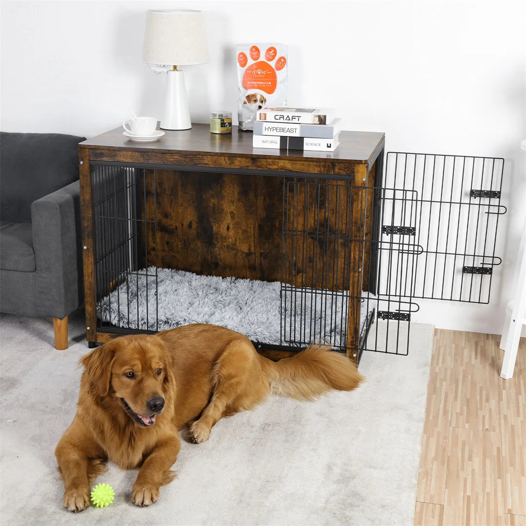 Spacious Dog Cage Furniture End Table Pet Kennel Crate Indoor Wooden Brown Medium and Large Animal Cage