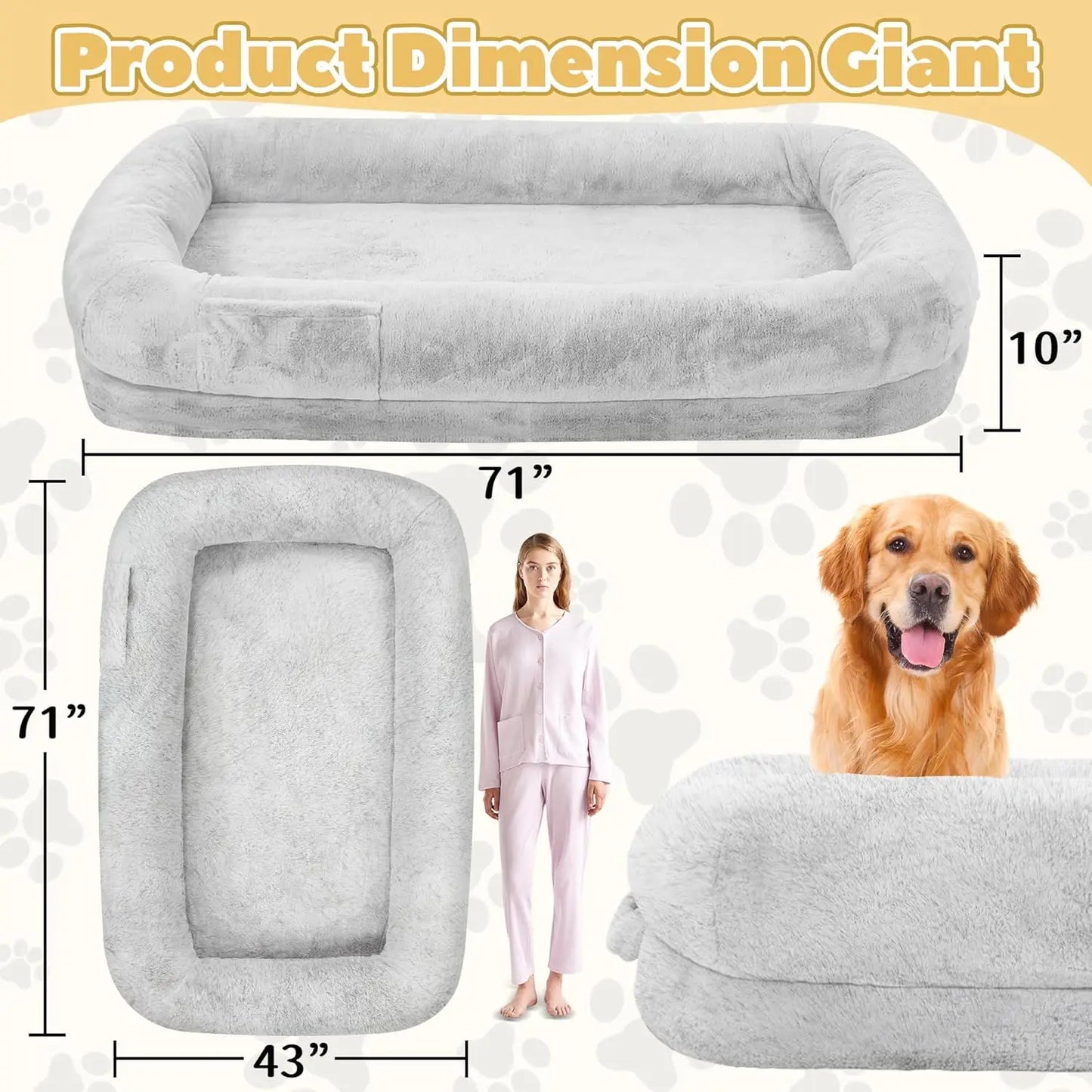 Human Dog Bed for Adults 71 Inch Long Removable Cover Washable Waterproof Orthopedic Design Light Grey