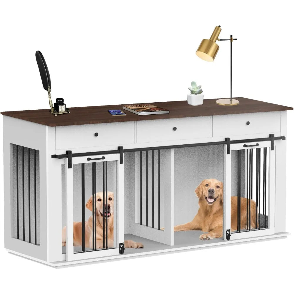 72 Inch Double Dog Crate Furniture Heavy Duty Wood Dog Cage Table with Storage Drawers and Removable Divider