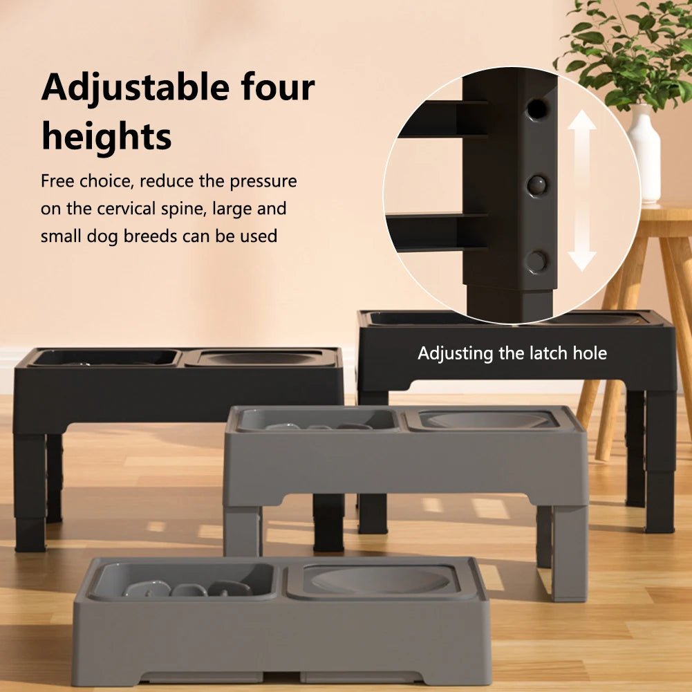 Elevated Dog Food Slow Feeder with Adjustable Heights Raised Dog Bowl Stand and Stainless Steel Bowls Anti Slip Dog Water Bowl