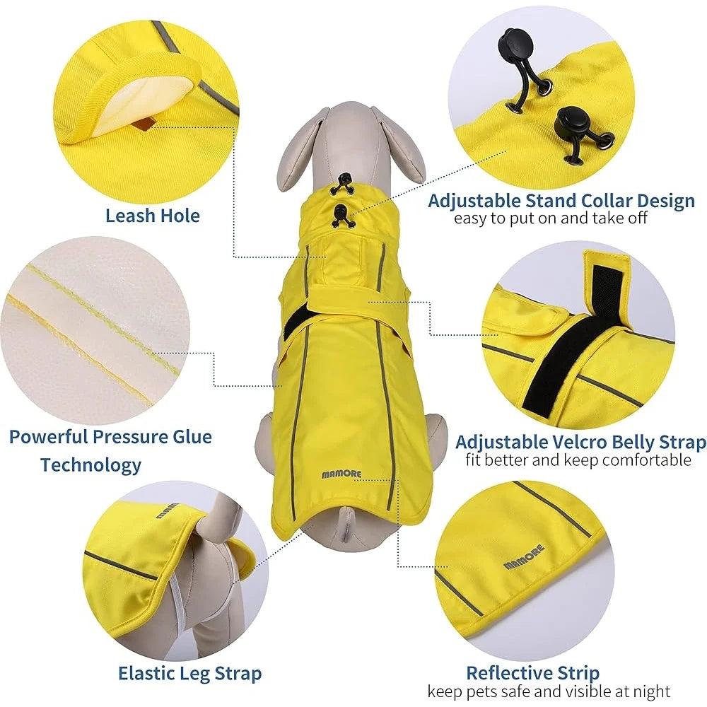 Waterproof Dog Raincoat Adjustable Breathable Jacket with Leash Hole Reflective Strip Lightweight Windproof Weather Resistant