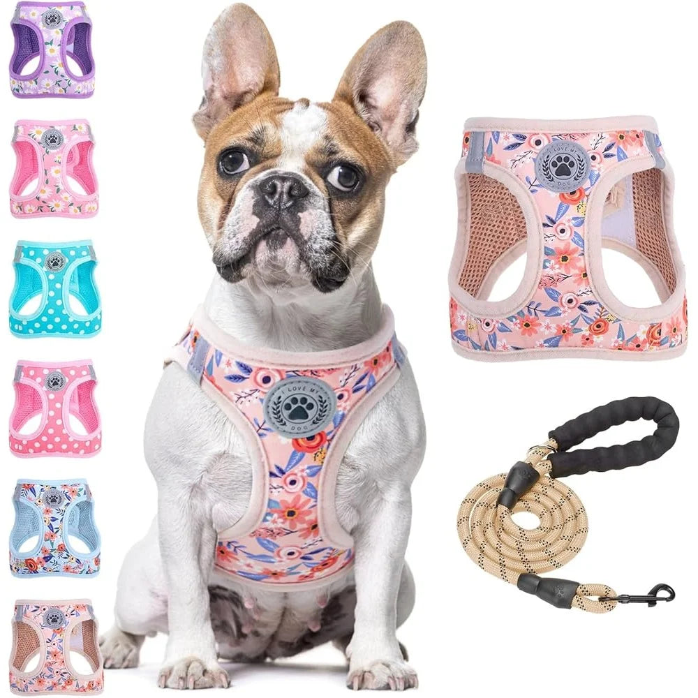 Floral Dog Harness and Leash Set No Pull No Choke Escape Proof Step In Vest Padded Handle Lightweight Durable Breathable Small