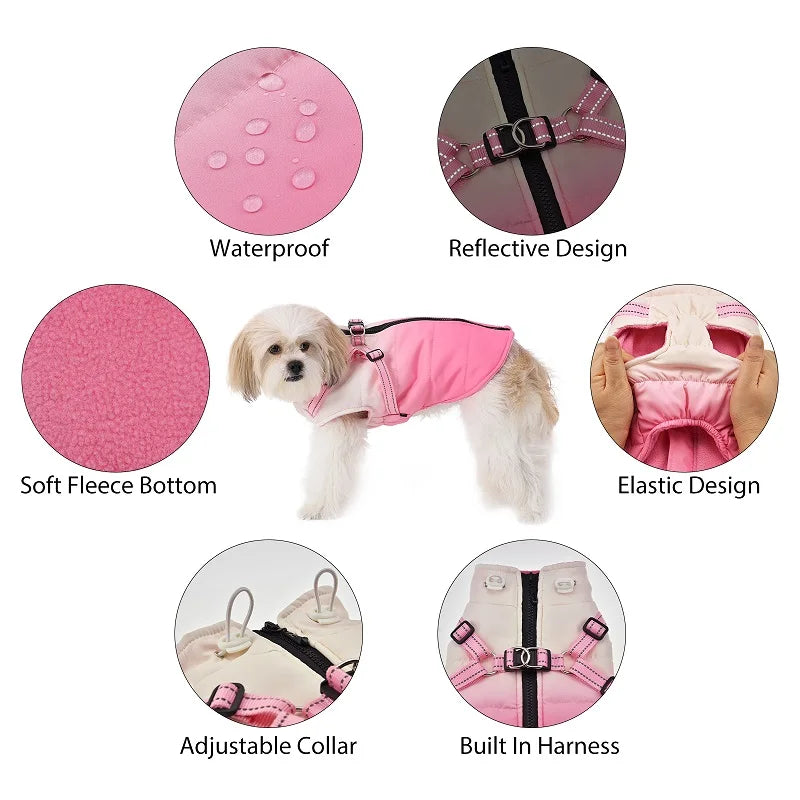 Fashion Color Dog Winter Jacket With Harness Reflective Warm Dog Snow Coat For Small And Medium Dogs Cold Weather Vest Outfit