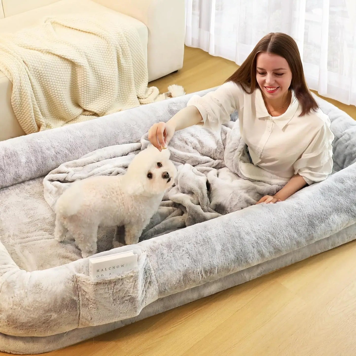 Human Dog Bed for Adults 71 Inch Long Removable Cover Washable Waterproof Orthopedic Design Light Grey