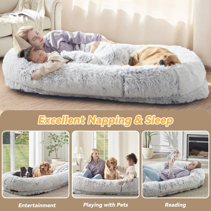Human Dog Bed 71 Inch by 45 Inch by 12 Inch Washable Faux Fur Bed for People and Pets Orthopedic Napping and Relaxation
