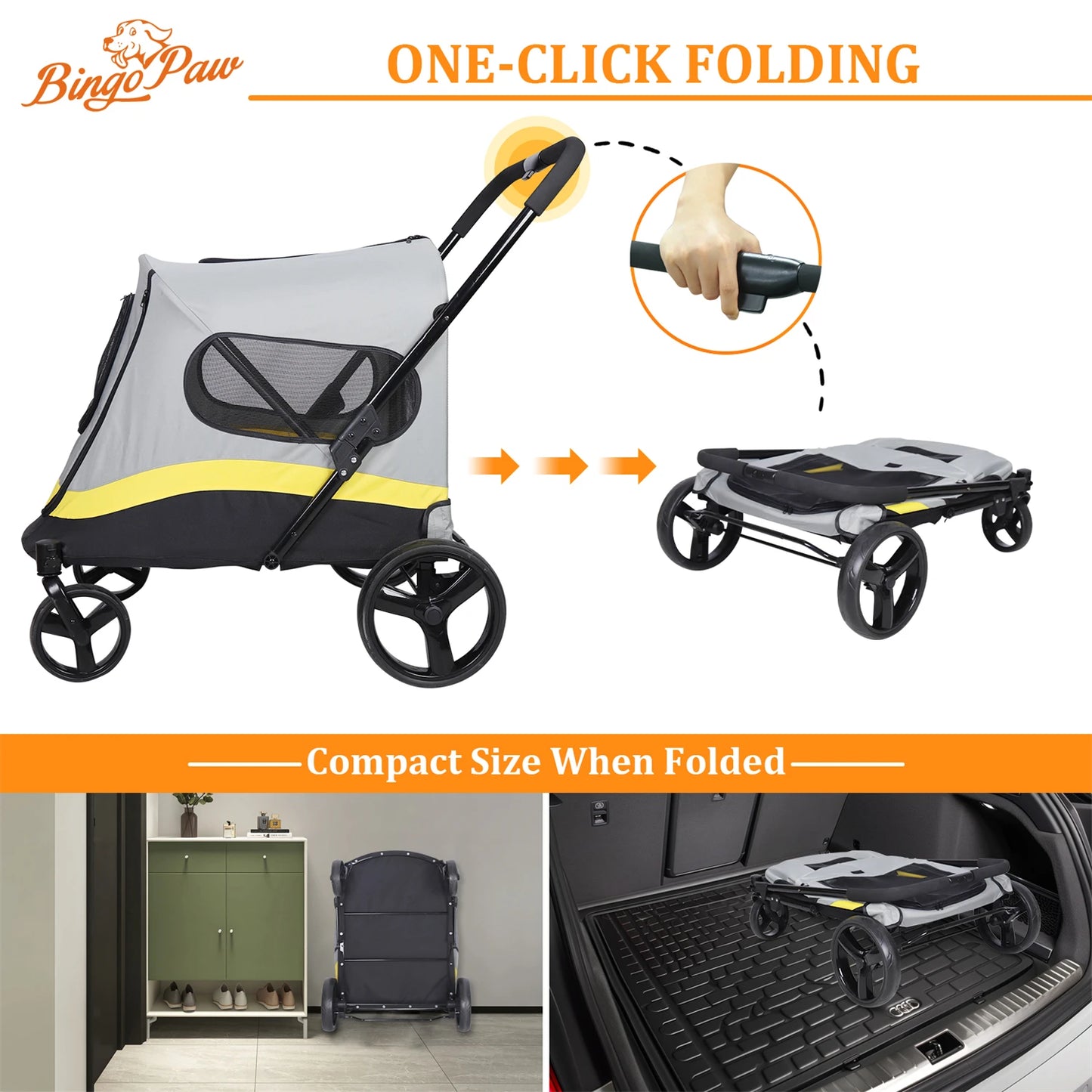 One Click Folding Pet Stroller for Large Dogs and Cats Animal Carrier with Universal Wheels and Shock Absorber Trolley