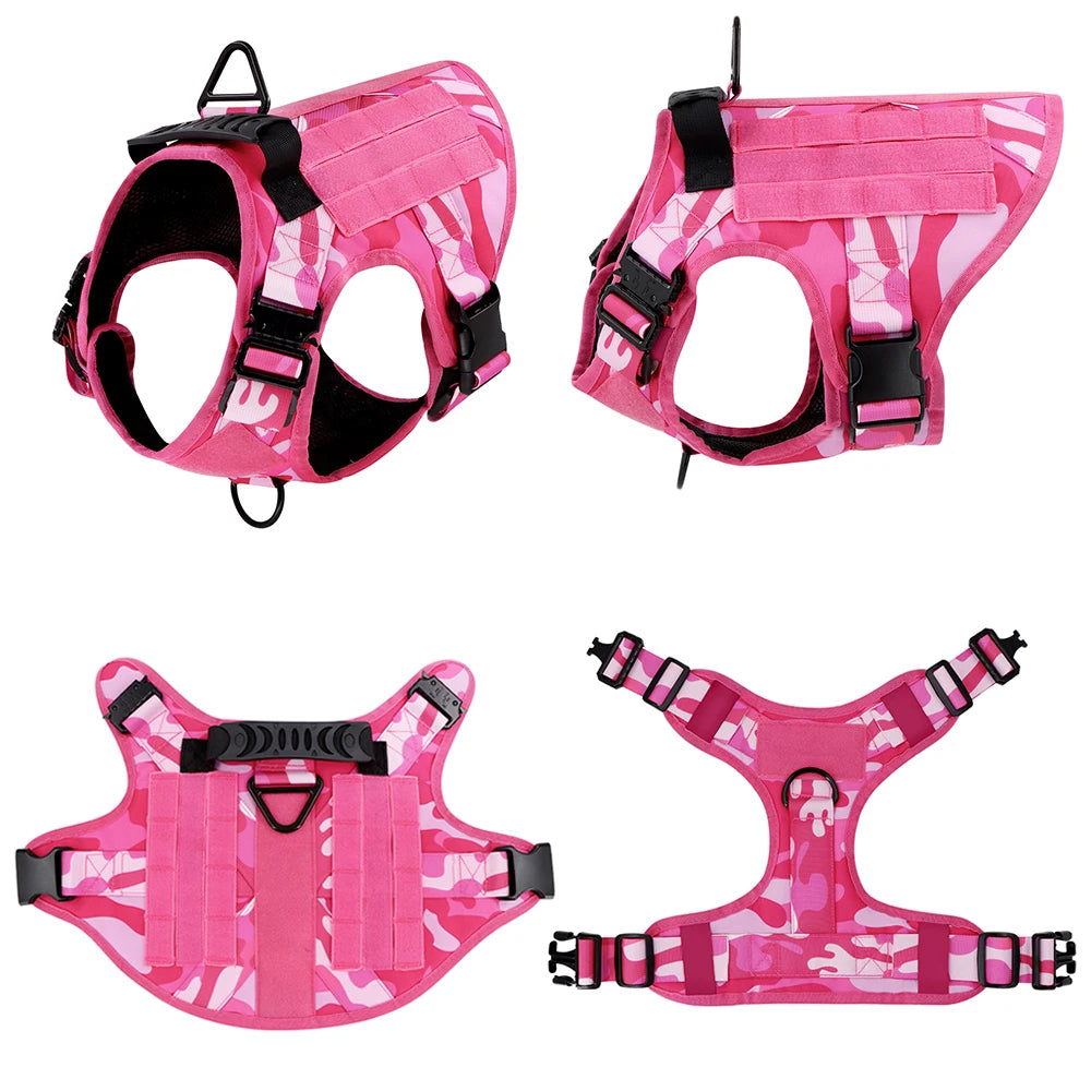Military Pink Camouflage Dog Harness for Large and Medium Dogs Adjustable Tactical Training Vest