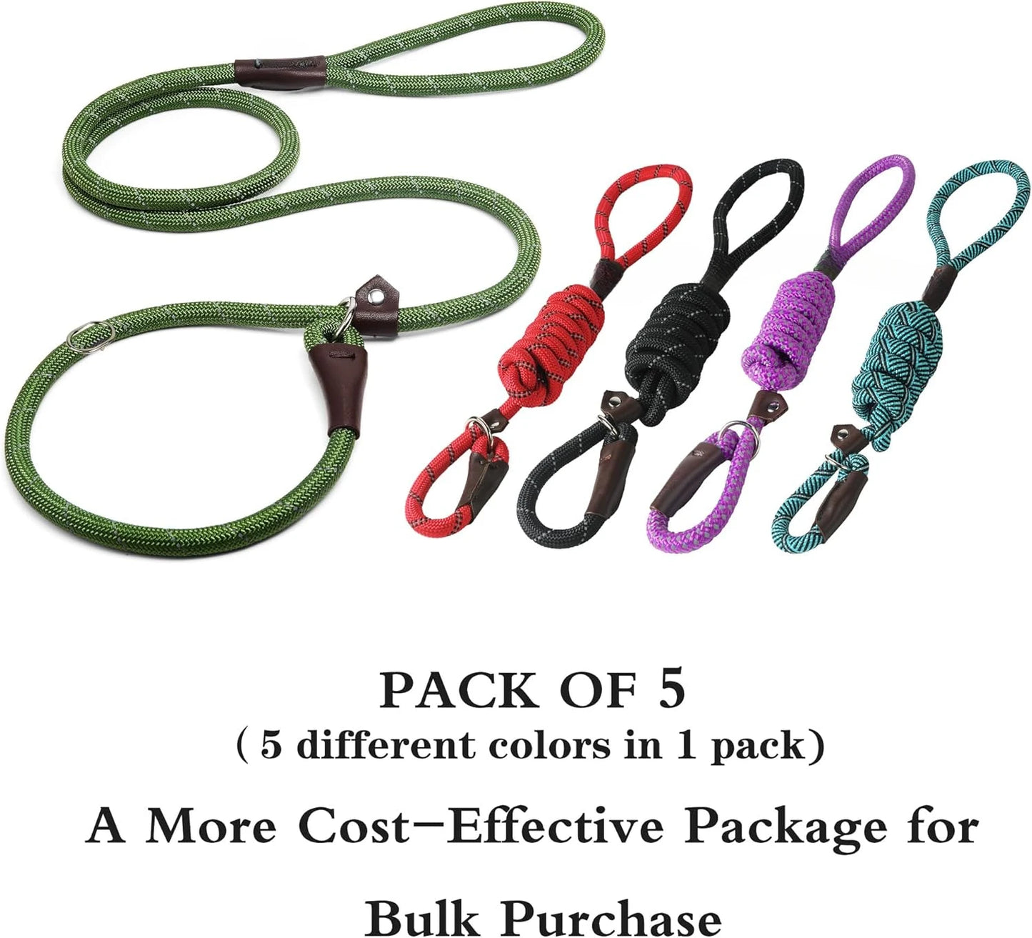 Durable Slip Lead Dog Leash Bulk Pack of 5 Comfortable Strong Rope Slip Leash for Large Medium and Small Dogs