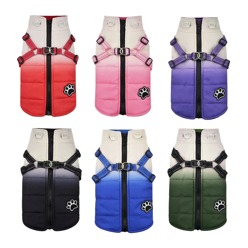 Fashion Color Dog Winter Jacket With Harness Reflective Warm Dog Snow Coat For Small And Medium Dogs Cold Weather Vest Outfit