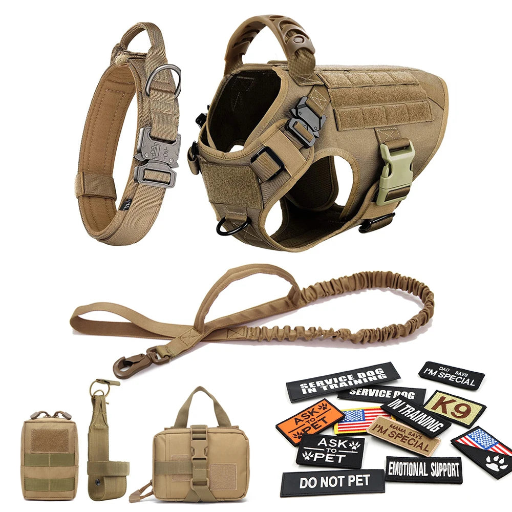 Military Large Dog Harness Collar Leash Bags Patches Set for Malinois Training Tactical Dog Accessories