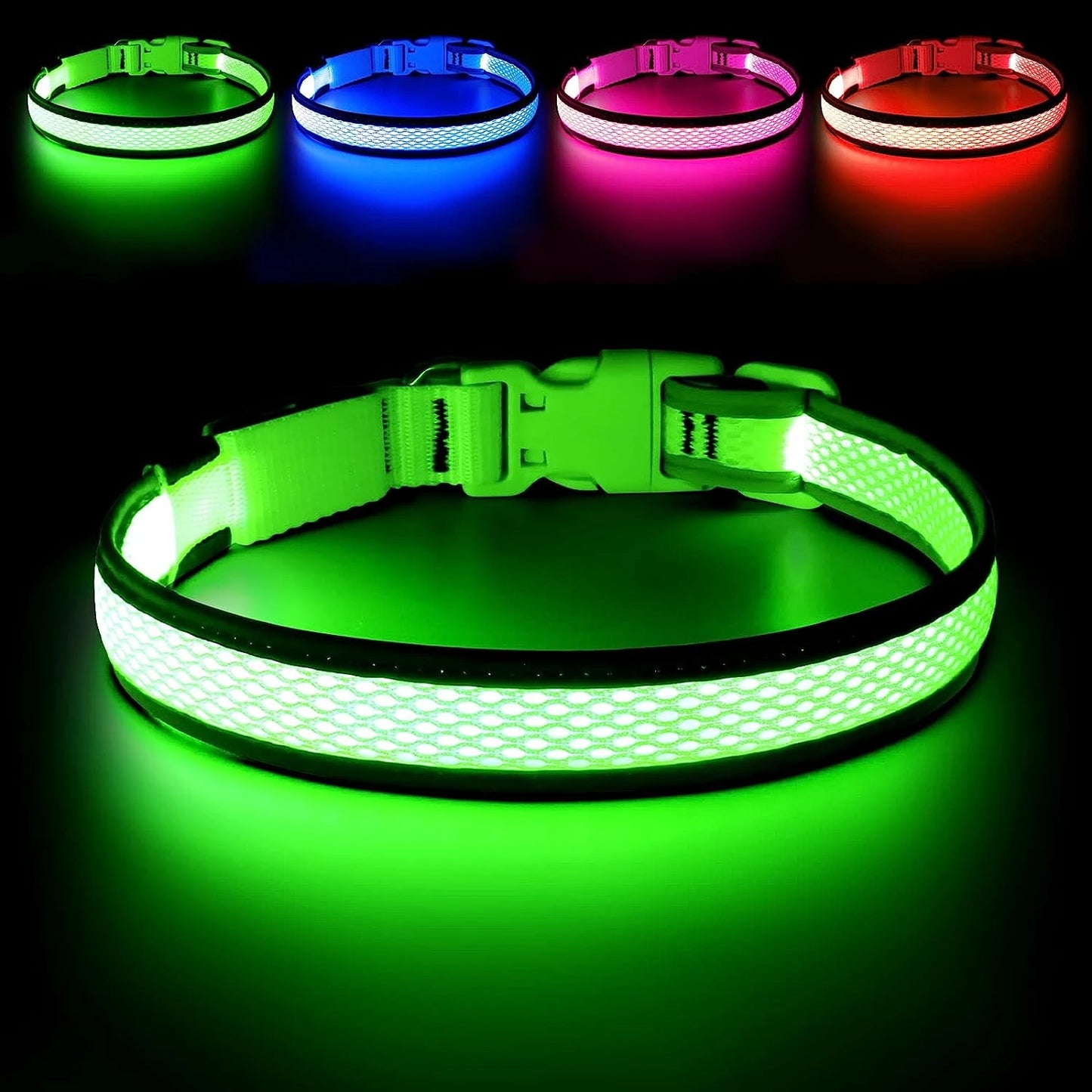 Comfortable Neon Green LED Dog Collar Lights USB Rechargeable Adjustable Soft Mesh for Small Medium Large Dogs
