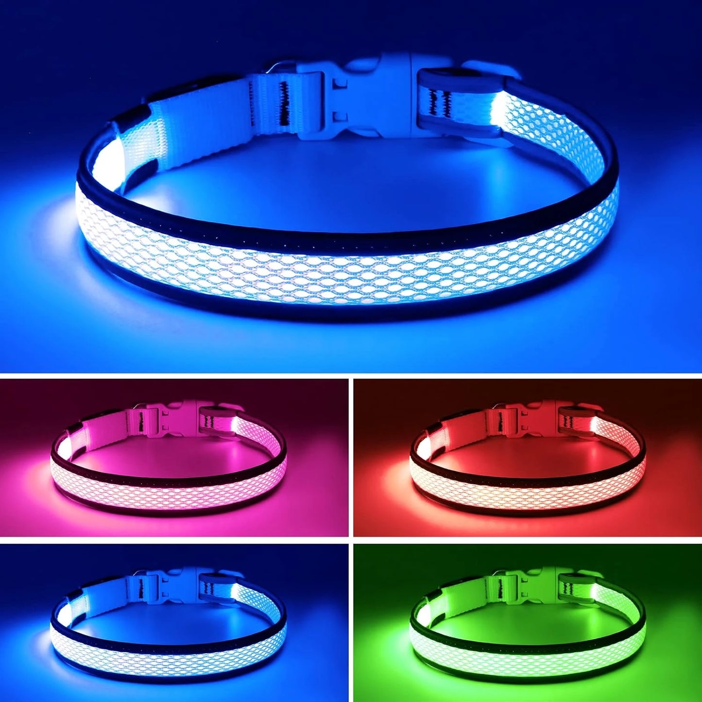Comfortable Neon Green LED Dog Collar Lights USB Rechargeable Adjustable Soft Mesh for Small Medium Large Dogs