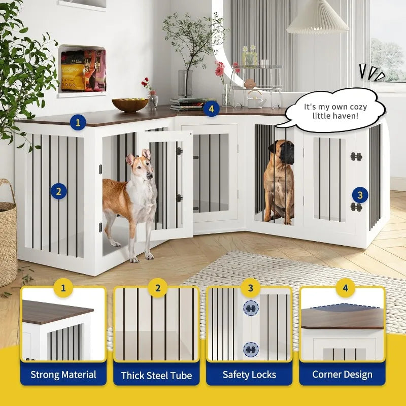 Large Dog Crate Furniture for 3 Dogs 113'' Corner Dog Crate Wooden Indoor in 1 Dog Crate for Small Medium Large Dogs