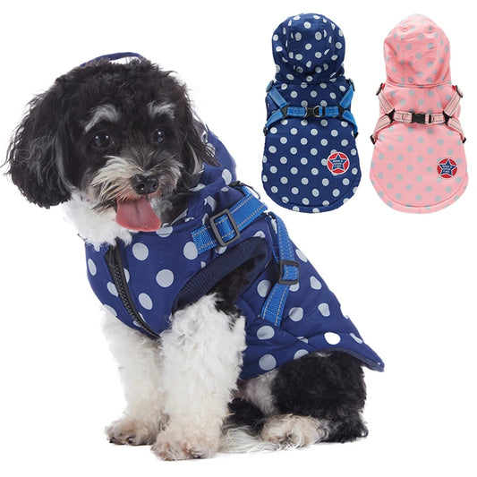 Winter Waterproof Dog Coat with Harness Warm Hooded Jacket for Small Dogs and Cats