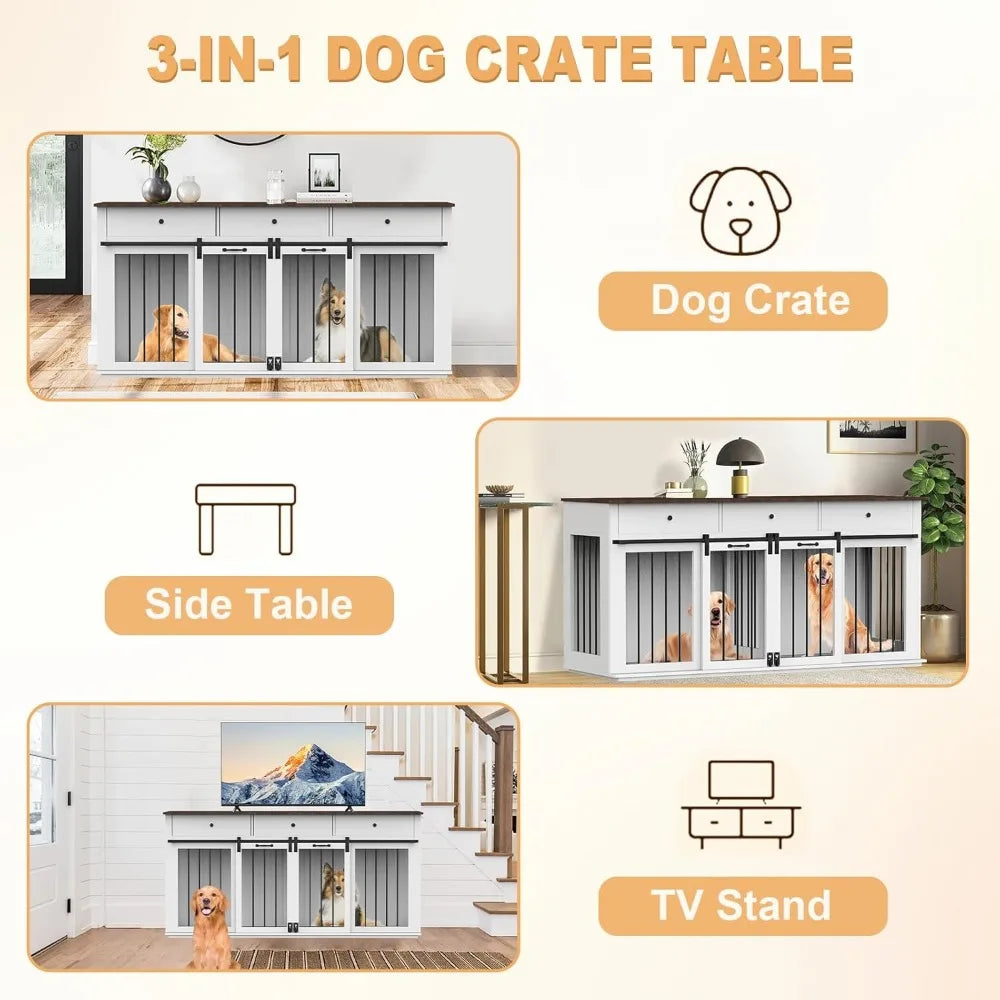 72 Inch Double Dog Crate Furniture Heavy Duty Wood Dog Cage Table with Storage Drawers and Removable Divider
