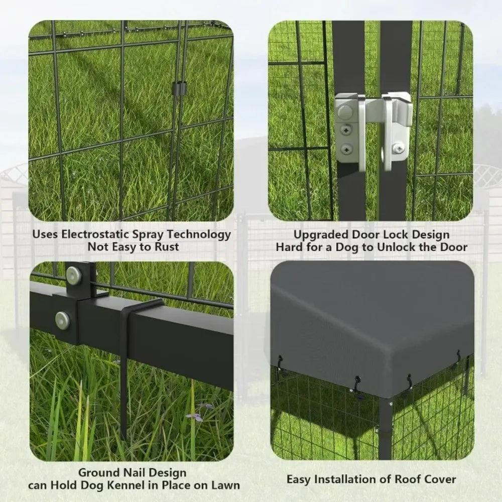 Large Dog Kennel Outdoor with Waterproof Roof Cover Heavy Duty Dog Cage Enclosures with Upgraded Metal Mesh and Secure Door Locks