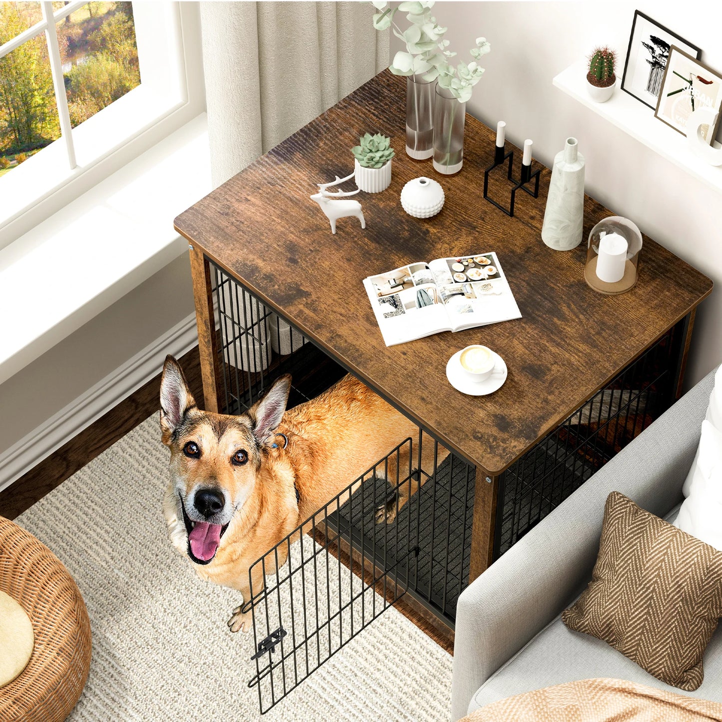Spacious Dog Cage Furniture End Table Pet Kennel Crate Indoor Wooden Brown Medium and Large Animal Cage