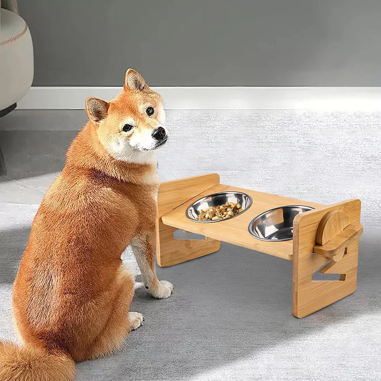 Bamboo Elevated Puppy and Cat Bowls with Adjustable Stand Raised Pet Food and Water Bowls Holder for Small and Medium Pets