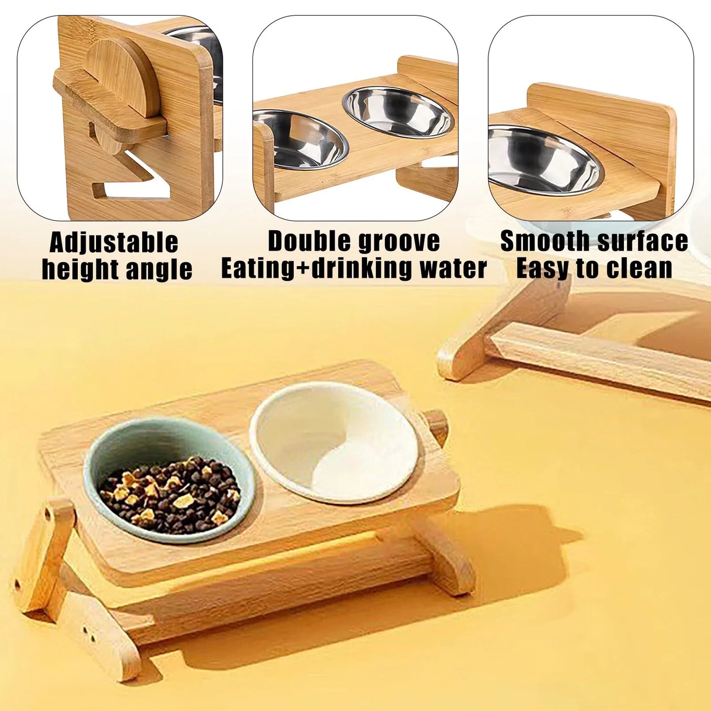 Bamboo Elevated Puppy and Cat Bowls with Adjustable Stand Raised Pet Food and Water Bowls Holder for Small and Medium Pets