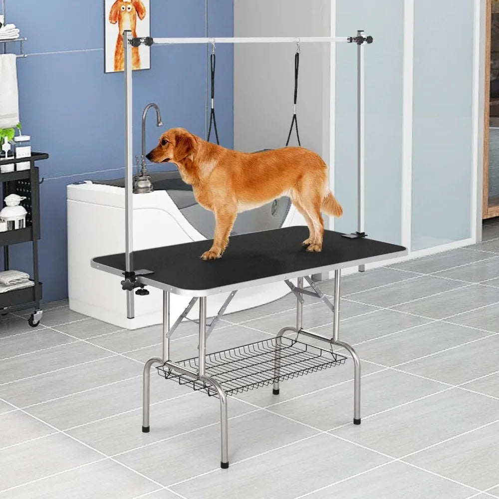 Dog Grooming Table Foldable,Heavy Duty Foldable Pet Grooming Table with Arm & Noose & Mesh Tray, Maximum Capacity Up to 330lbs